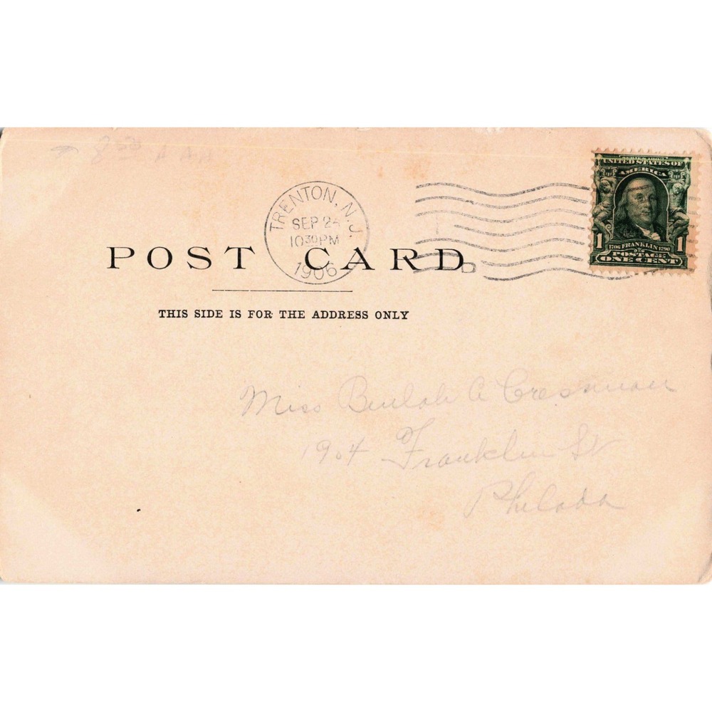 Vintage 1906 US Post Office Trenton NJ Postcard Benjamin Franklin 1c Stamp VG - Picture 2 of 2